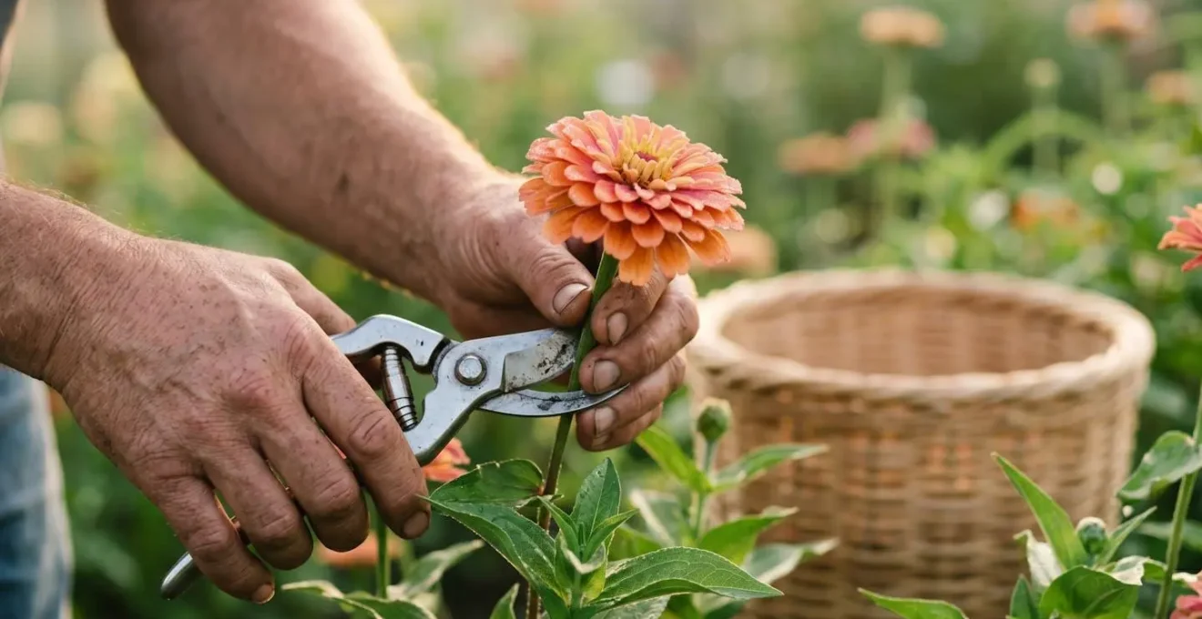 Human and emotional photograph of hands gently cutting fresh wildflower stems in early morning dewy garden light