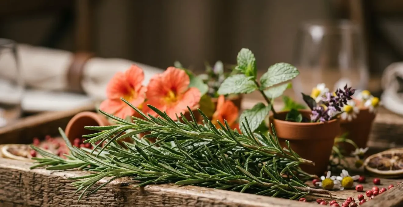 Culinary-inspired centerpiece featuring edible flowers and fresh herbs as aromatic complement to dining experience