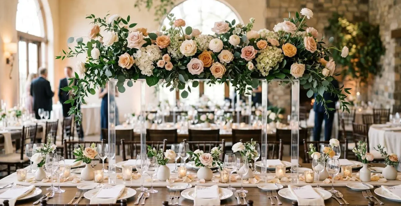 Wide shot of an elegant wedding reception table showing an elevated centerpiece design with clear sightlines beneath allowing guests to converse easily