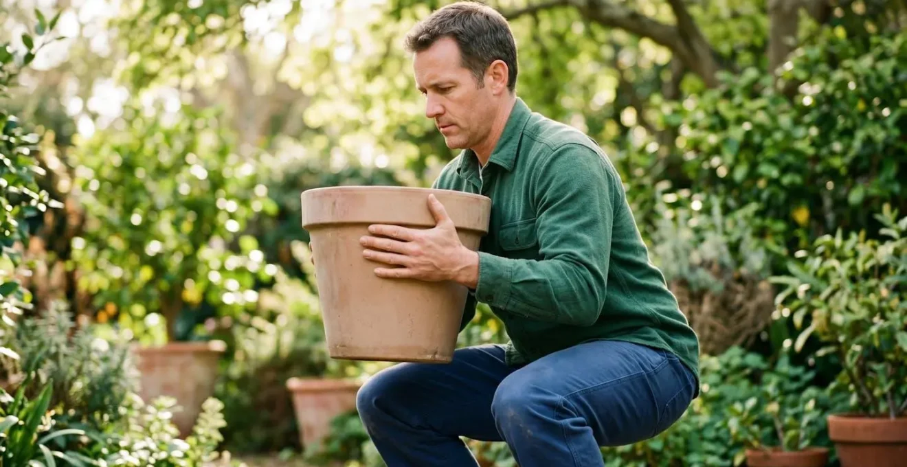 Gardener demonstrating proper lifting form with bent knees and straight back while moving large ceramic planter