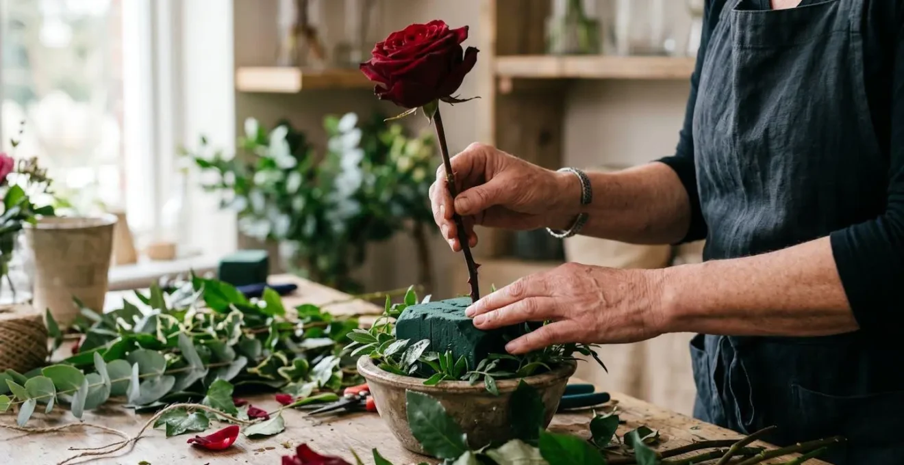 Artisan hands arranging fresh roses and greenery into floral foam base for personalized casket tribute