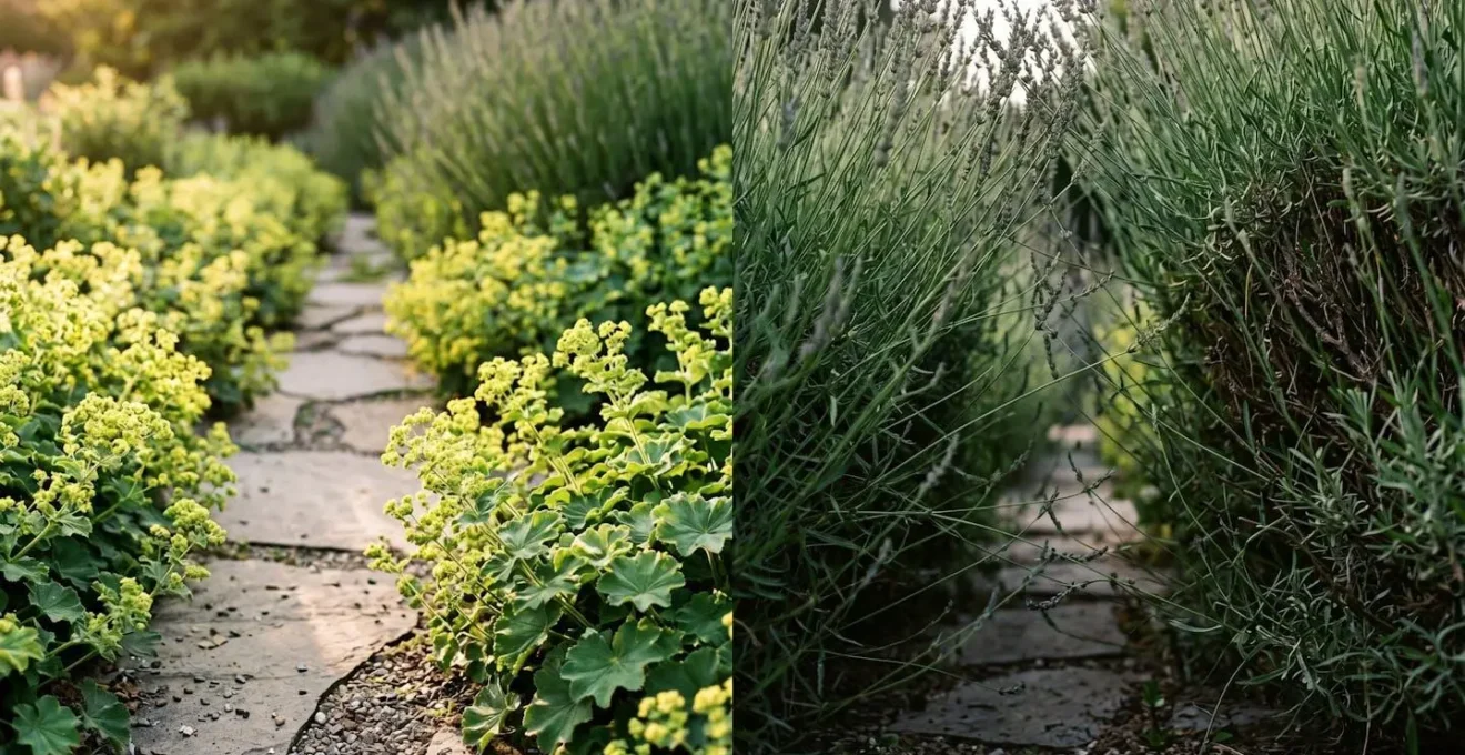 Close-up view demonstrating proper height ratio between garden path width and border plant height for an open spatial feeling