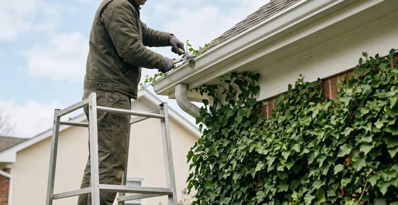 A gardener on a ladder carefully trimming ivy growth to maintain a clear buffer zone below a roof gutter with hand pruning shears.