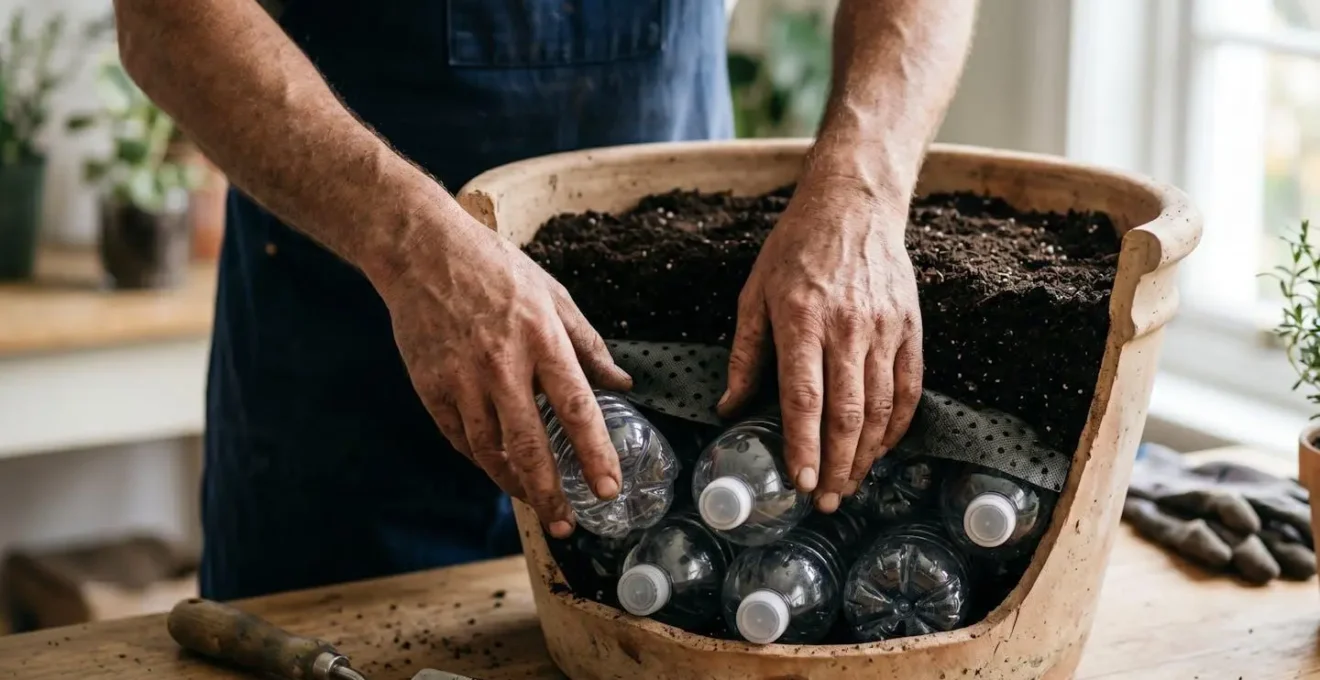 Cross-section view showing lightweight void-filling materials in bottom of large container planter