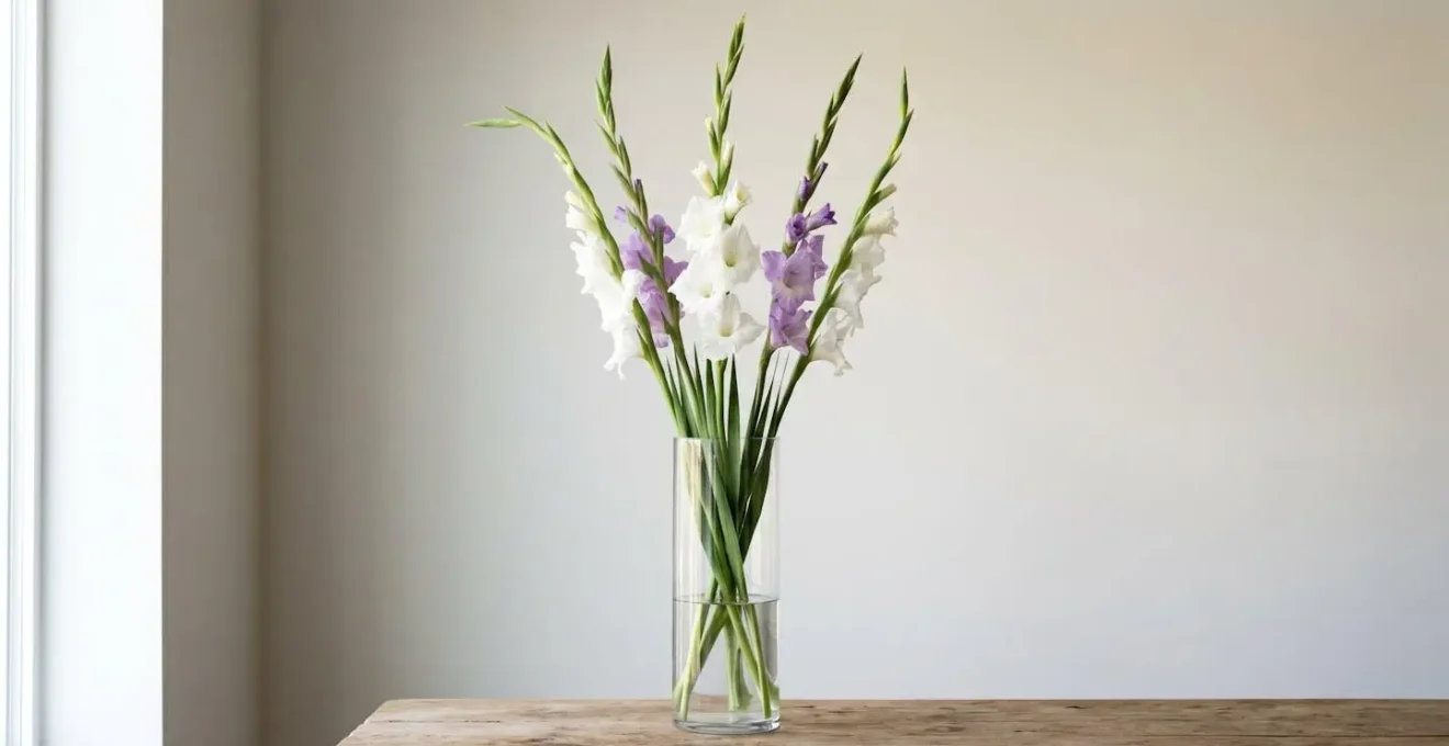 Tall elegant gladiolus stems in symbolic funeral arrangement representing strength integrity and moral character