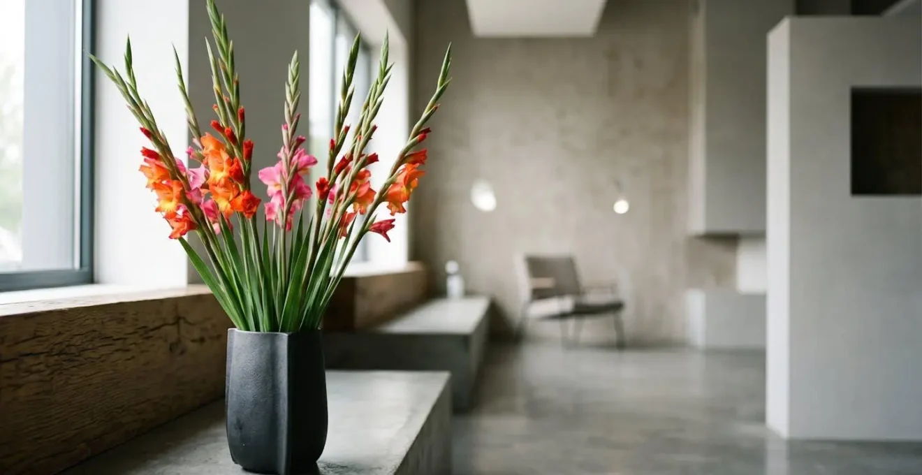 Tall vertical gladiolus arrangement in minimalist corporate setting symbolizing reaching heights and standing strong