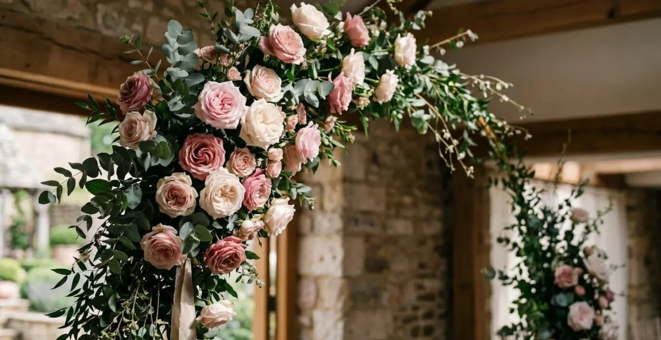 Close-up detail of an asymmetrical wedding floral arch showing the golden ratio applied through off-center focal blooms and intentional negative space