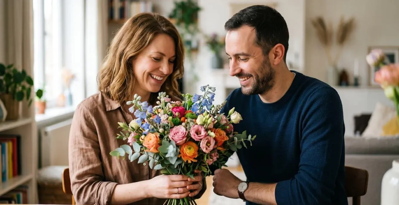 Two people engaged in warm conversation while examining a beautiful bouquet together representing open floral communication