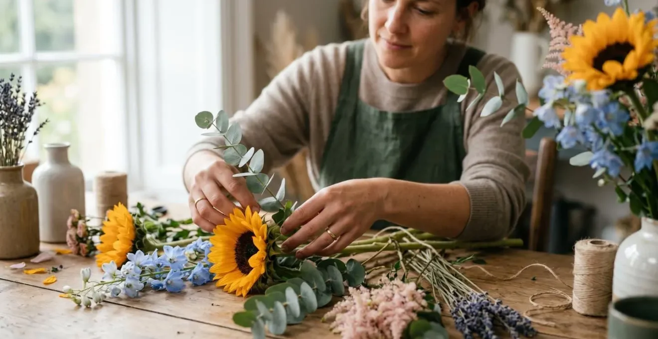 Close-up of florist hands gently arranging birth month flowers and meaningful blooms into personalized bouquet with natural afternoon light