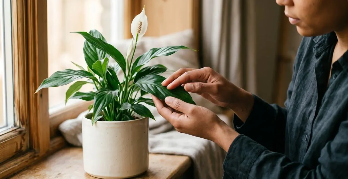 Gentle hands tenderly caring for a peace lily plant symbolizing living memorial and therapeutic comfort during grief