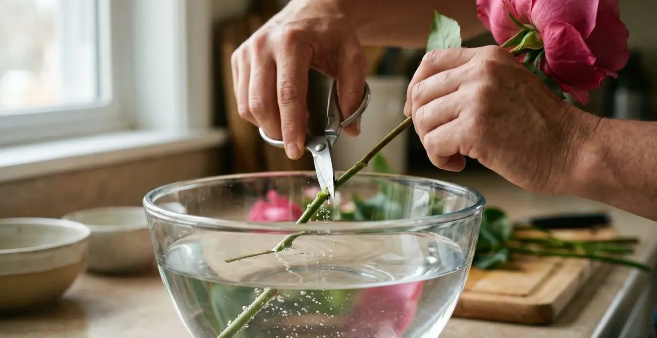 Close-up of hands cutting flower stem at angle underwater in clear glass vessel