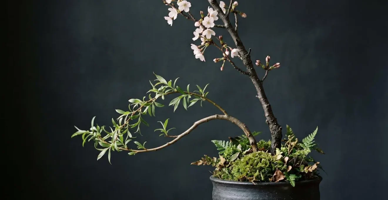 Three symbolic stems representing heaven, earth, and man arranged in asymmetrical harmony with dramatic lighting