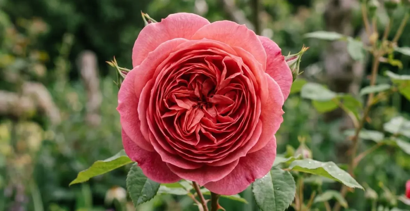 Deep red rose with many petals slowly opening, revealing layered depth and texture