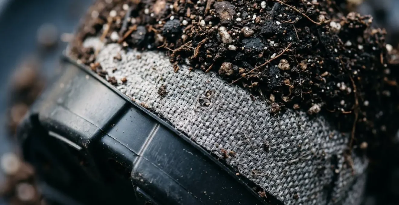 Cross-section view showing structured false bottom using inverted nursery pots with landscape fabric layer