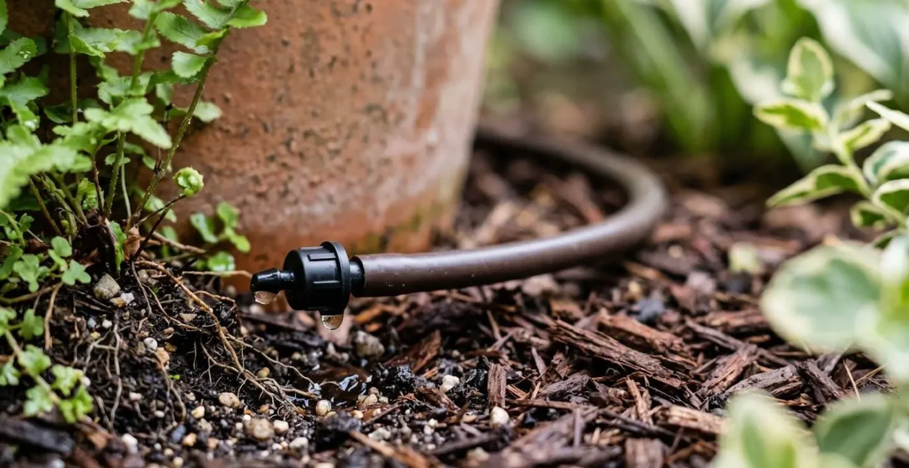 Close-up macro detail of dark brown drip tubing discreetly placed behind grouped patio containers with emitter positioned at plant base