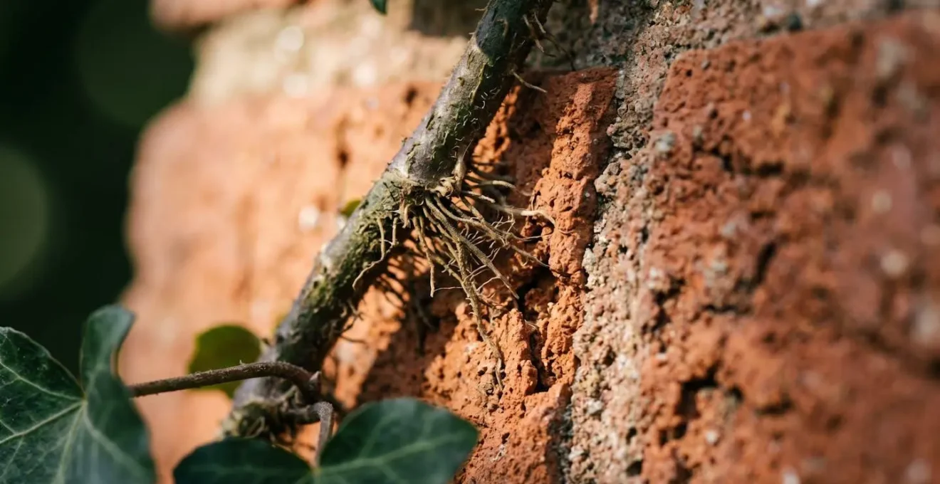 Extreme close-up of English ivy aerial rootlets clinging to rough brick surface showing biological attachment mechanism