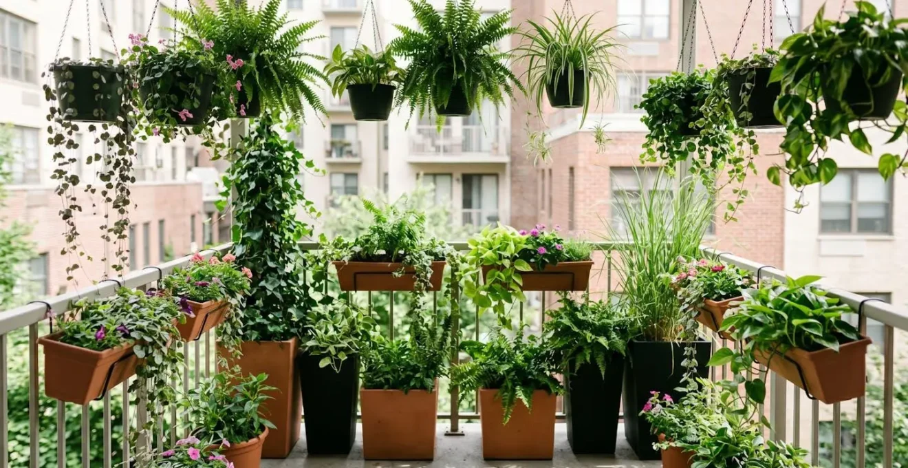 Wide shot of compact urban balcony transformed with layered vertical planters and hanging baskets creating lush green privacy screen
