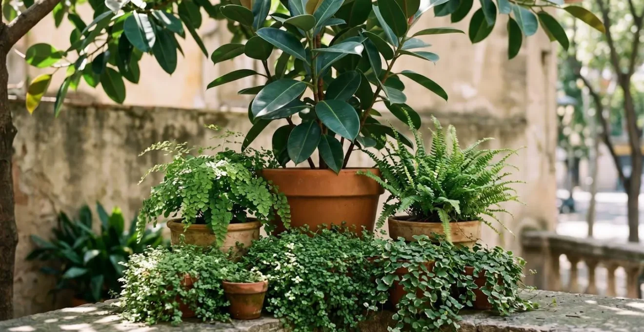 Tiered arrangement of different-sized plant containers creating canopy, understory and groundcover layers on terrace