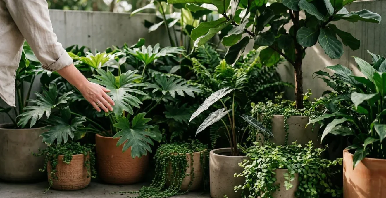 Multi-layered container garden on concrete terrace showing tall tree-form plants, mid-level bushy foliage, and trailing ground-cover creating jungle atmosphere