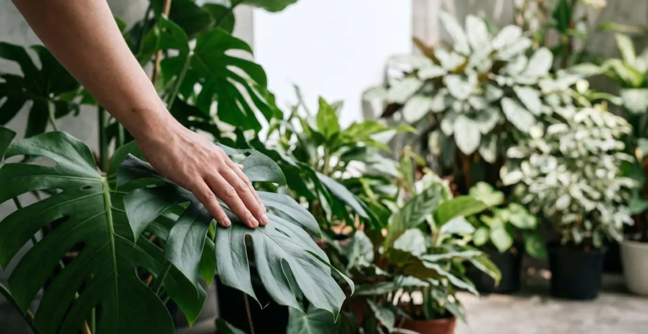 Dense multi-level plant island cluster on concrete terrace creating jungle-like depth with varied foliage sizes