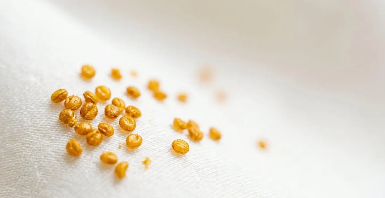 Extreme close-up of lily pollen grains on white fabric showing intricate textural detail and golden pigment