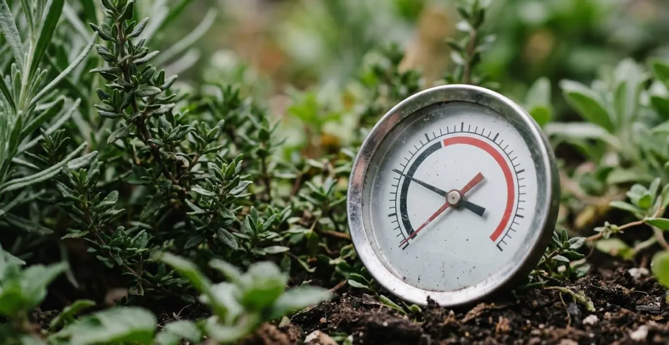 Close-up view of min-max thermometer amid diverse plantings showing temperature variation in different garden microzones