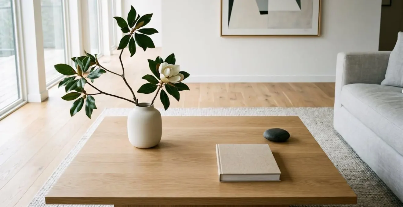 Single sculptural floral arrangement on modern coffee table with abundant negative space
