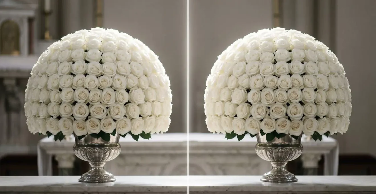 Two identical white dome arrangements side by side showing perfect mirror symmetry for formal altar display