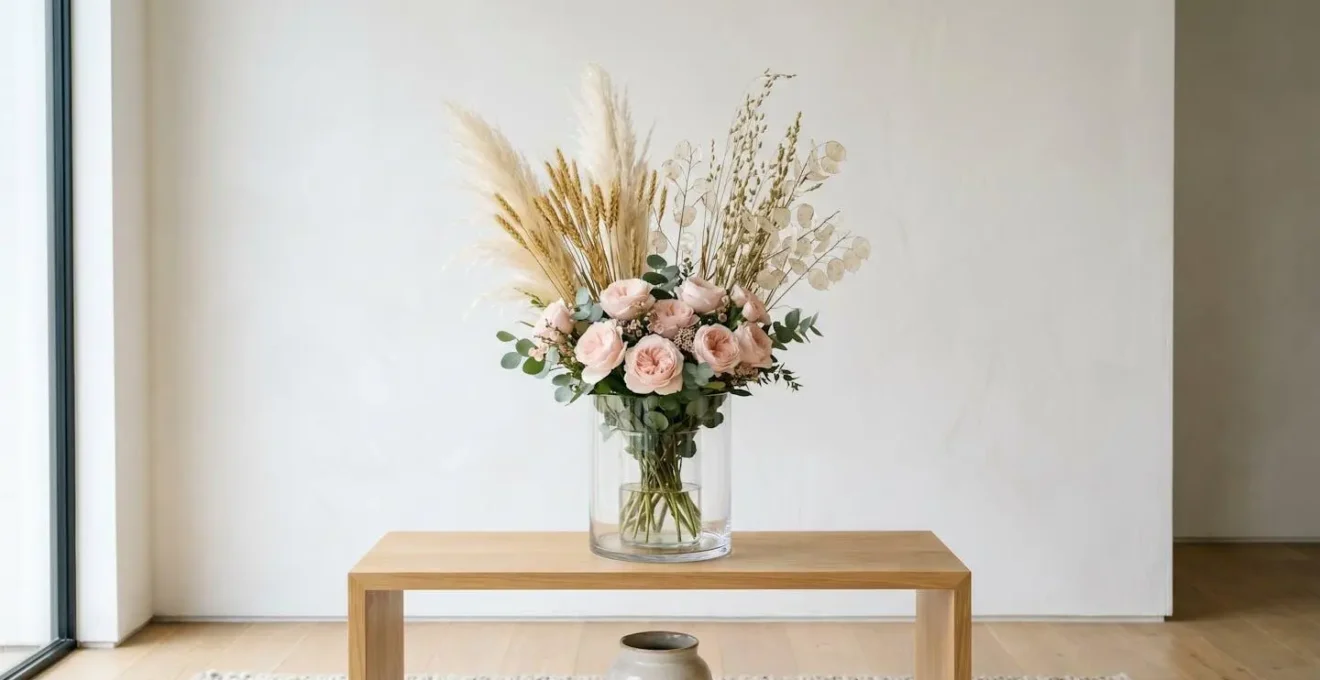 Mixed arrangement combining fresh roses with dried grasses using vase-in-vase technique in modern setting