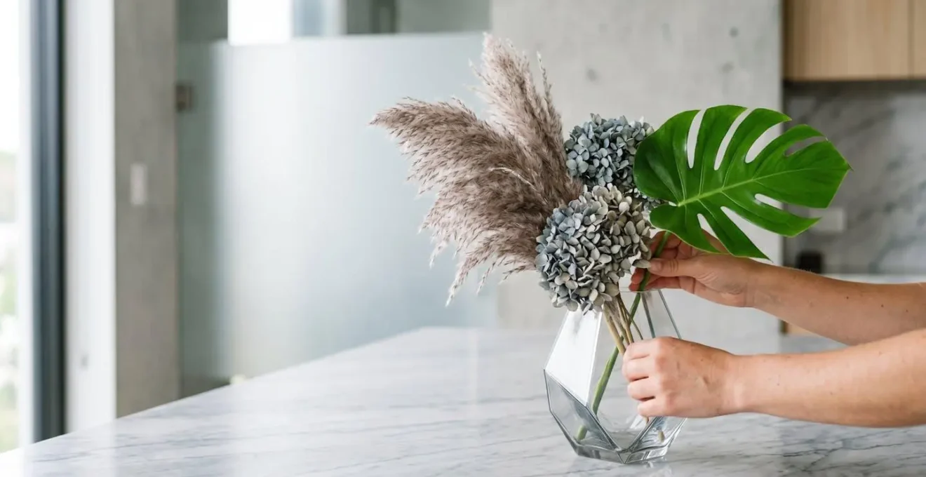 Contemporary dried flower arrangement in minimalist vessel with high-low textural contrast and museum-quality presentation