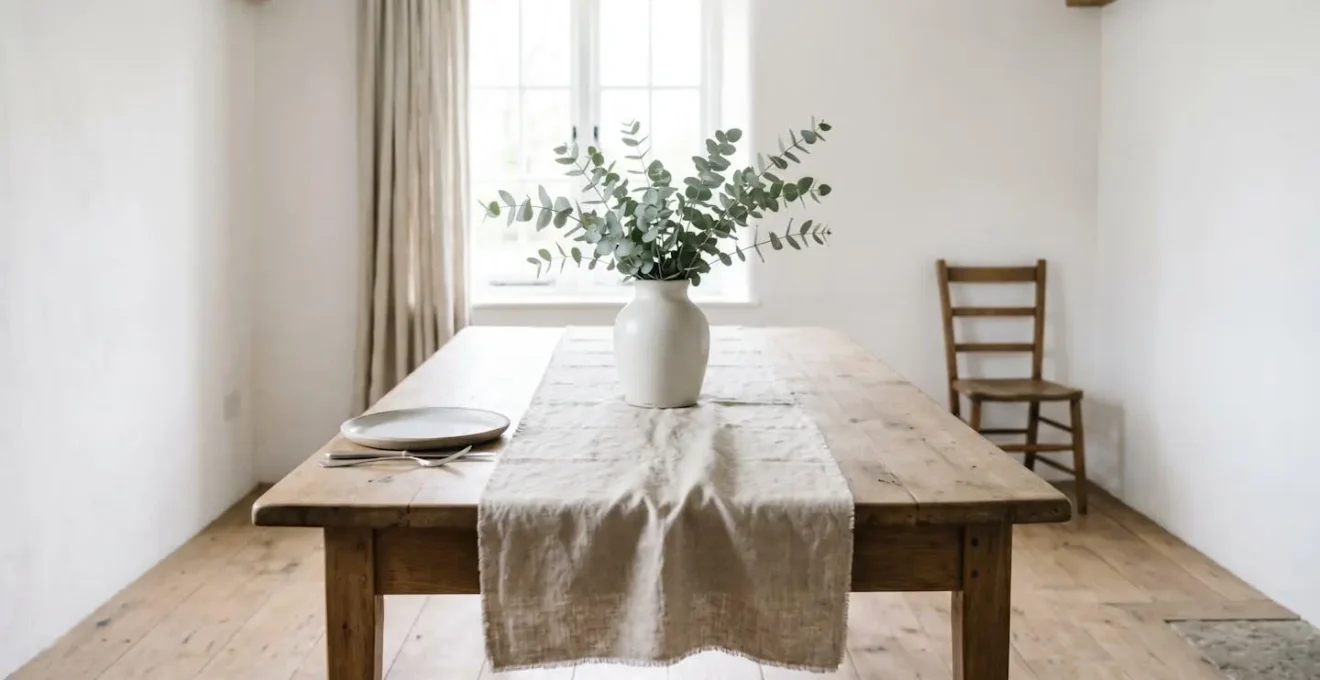 Refined rustic tablescape showcasing sophisticated texture layering with Belgian linen runner and natural wood surface without burlap