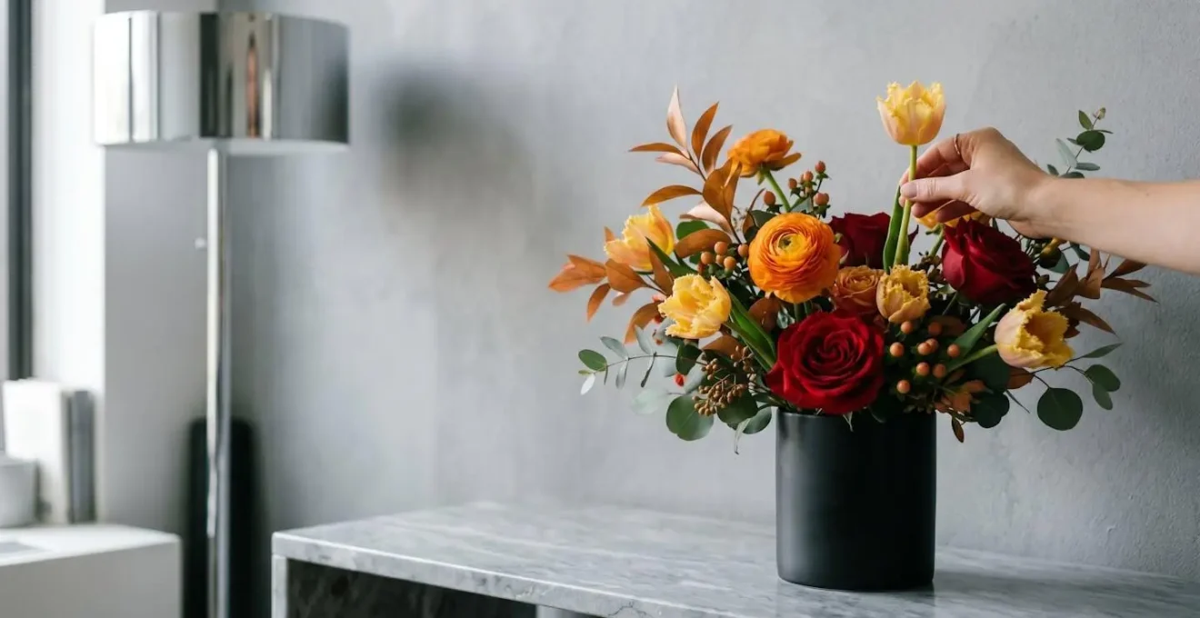 Bold orange and red flower arrangement in minimalist grey modern interior with chrome accents