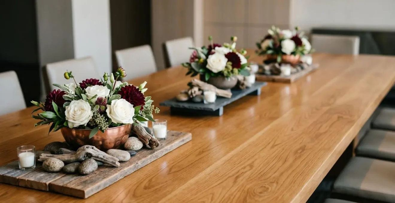 Series of distinct floral vignettes arranged down the length of a long rectangular dining table creating visual rhythm