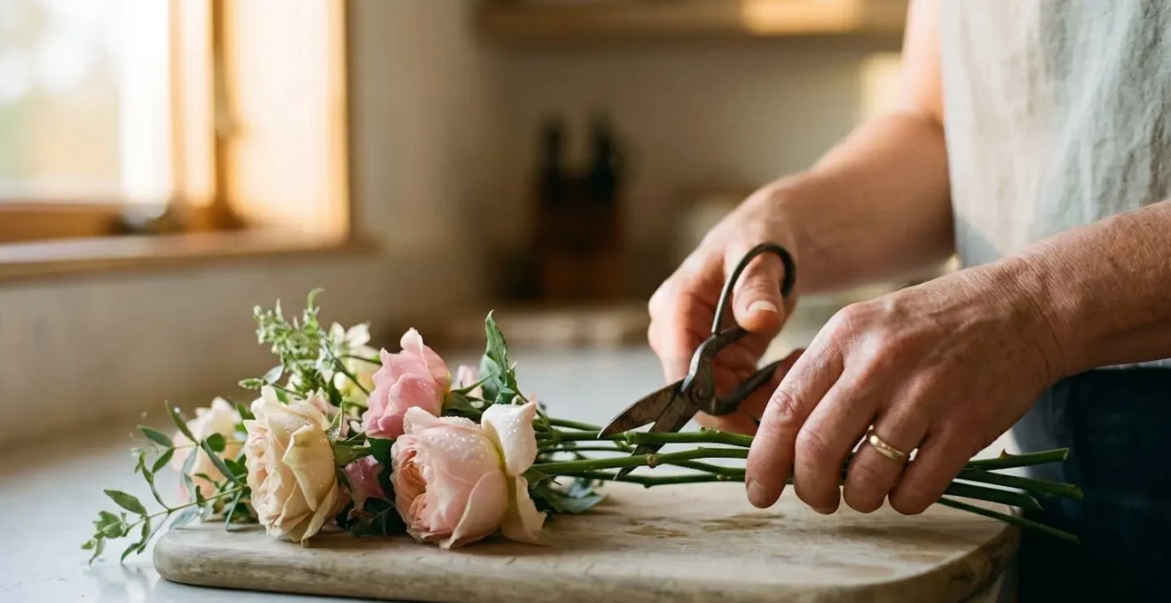 Close-up of hands gently trimming fresh flower stems in warm natural light, capturing peaceful moment of care