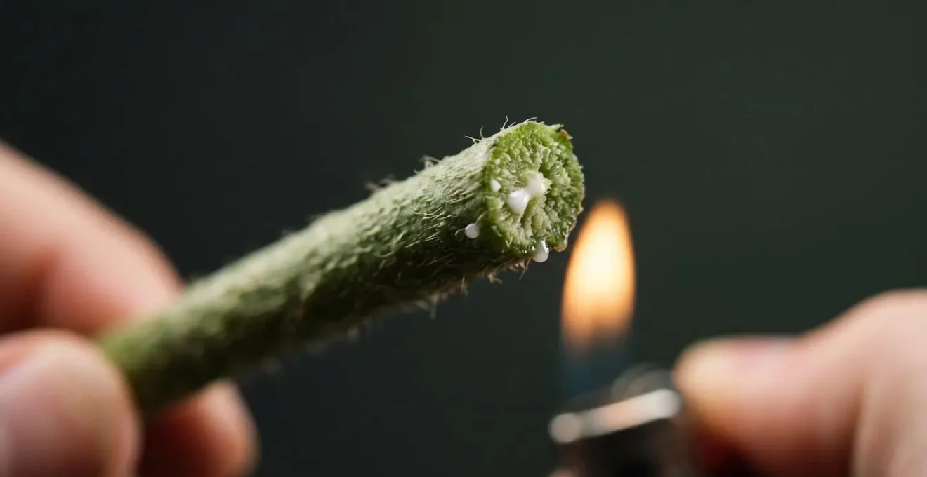 Extreme close-up of poppy stem end being briefly cauterized with flame for vase life extension