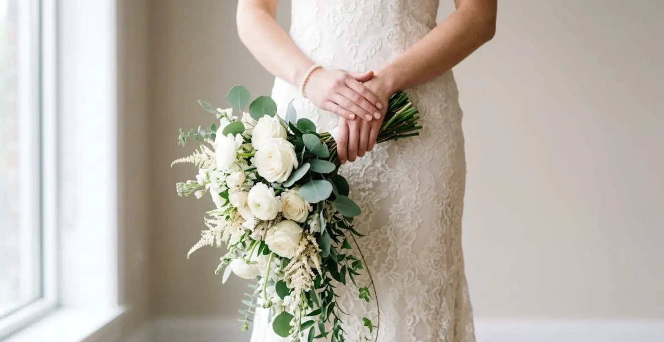 Demonstration of proper hand placement and posture for holding a cascade bouquet at waist level