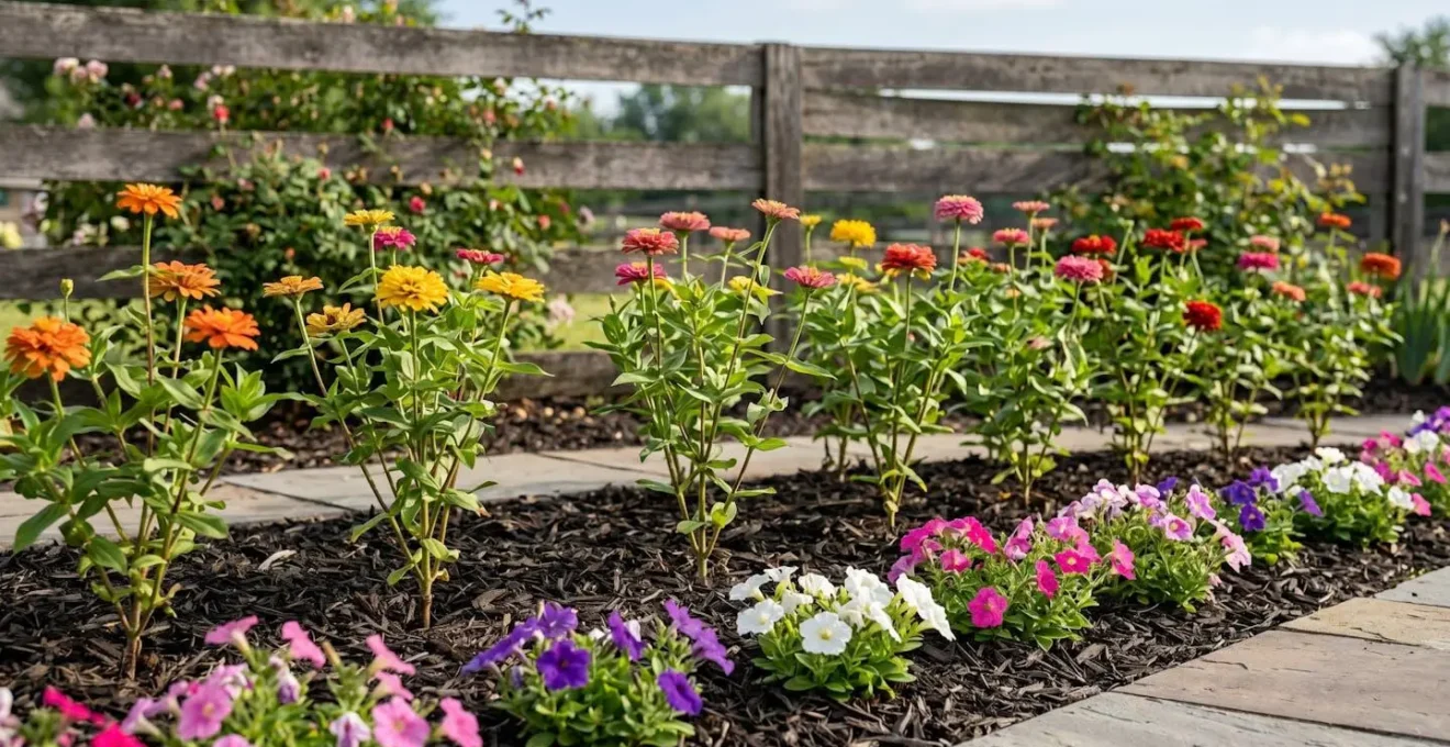 Wide-angle view of properly spaced annual flower bed showing healthy air circulation between plants