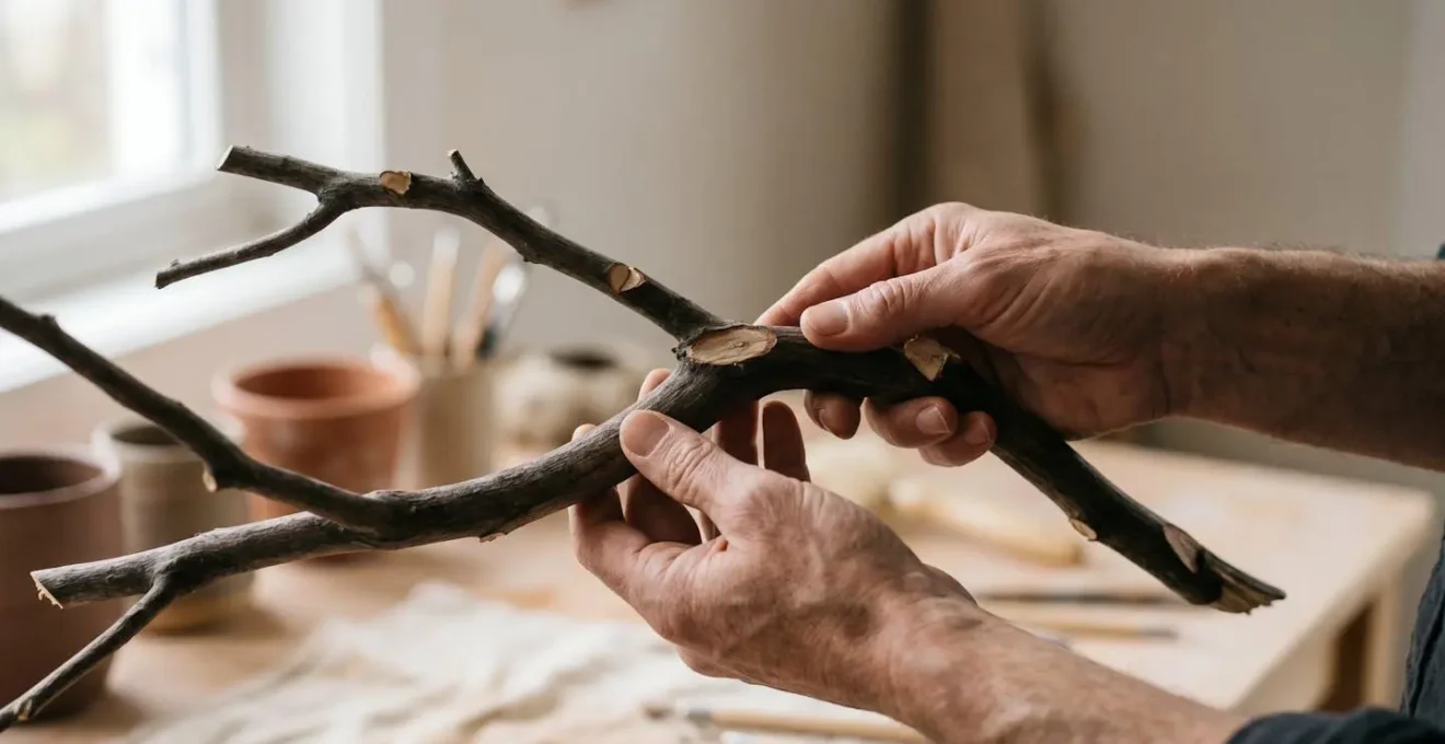 Detailed photograph of a carefully pruned branch revealing its primary energy line and sculptural form against clean background