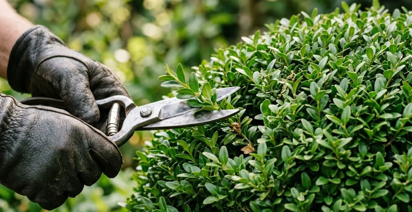 Close-up view of gardener's hands using pruning shears on dense boxwood foliage to create spherical shape