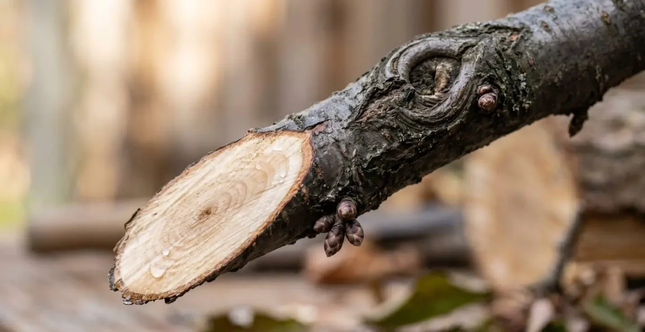 Extreme close-up of a weathered branch with a natural scar, revealing its essential line and wabi-sabi beauty