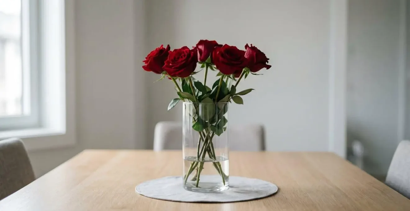 Vibrant red roses in a minimal vase on a dining table creating a focal point