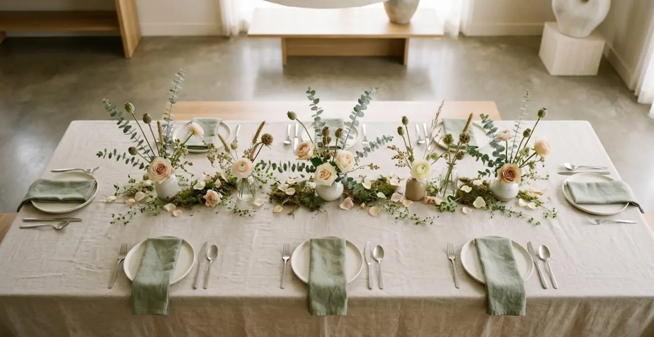 Wide overhead view of long rectangular dining table featuring rhythmic series of varied-height floral arrangements creating visual tablescape