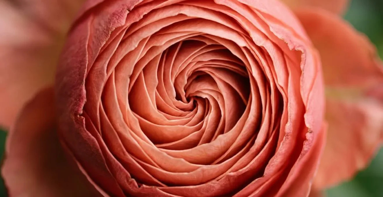 Extreme close-up of rose bud center showing dense petal spiral structure