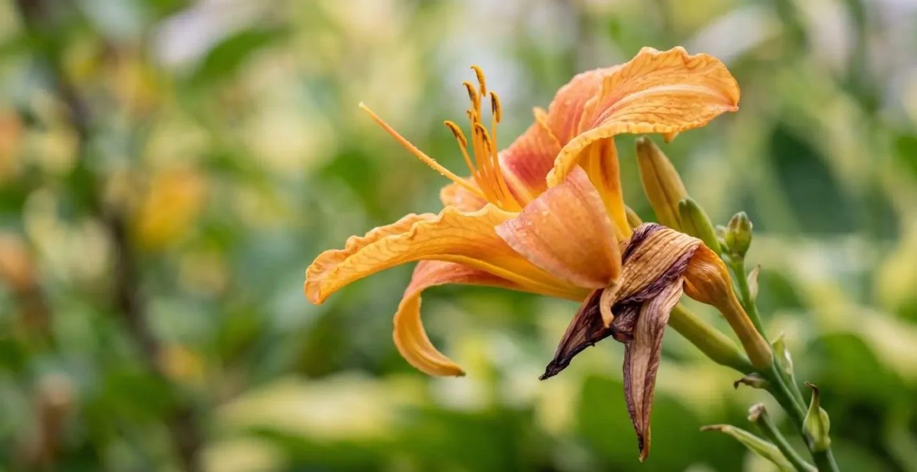 Close-up macro photograph of a daylily flower showing its natural self-cleaning characteristic with spent petals cleanly detaching