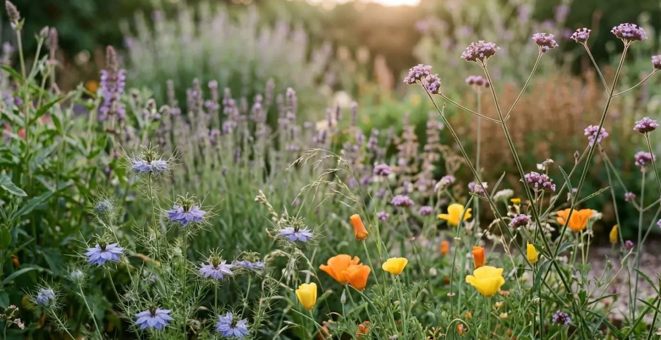 Medium shot showing colorful self-sowing annuals naturally integrated among established perennials in a cottage-style garden