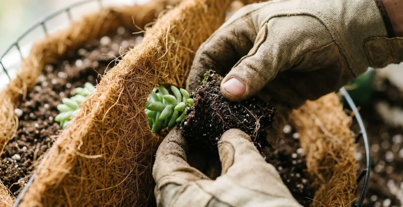 Close-up detail of hands inserting plant through side opening of hanging basket liner showing layered planting technique