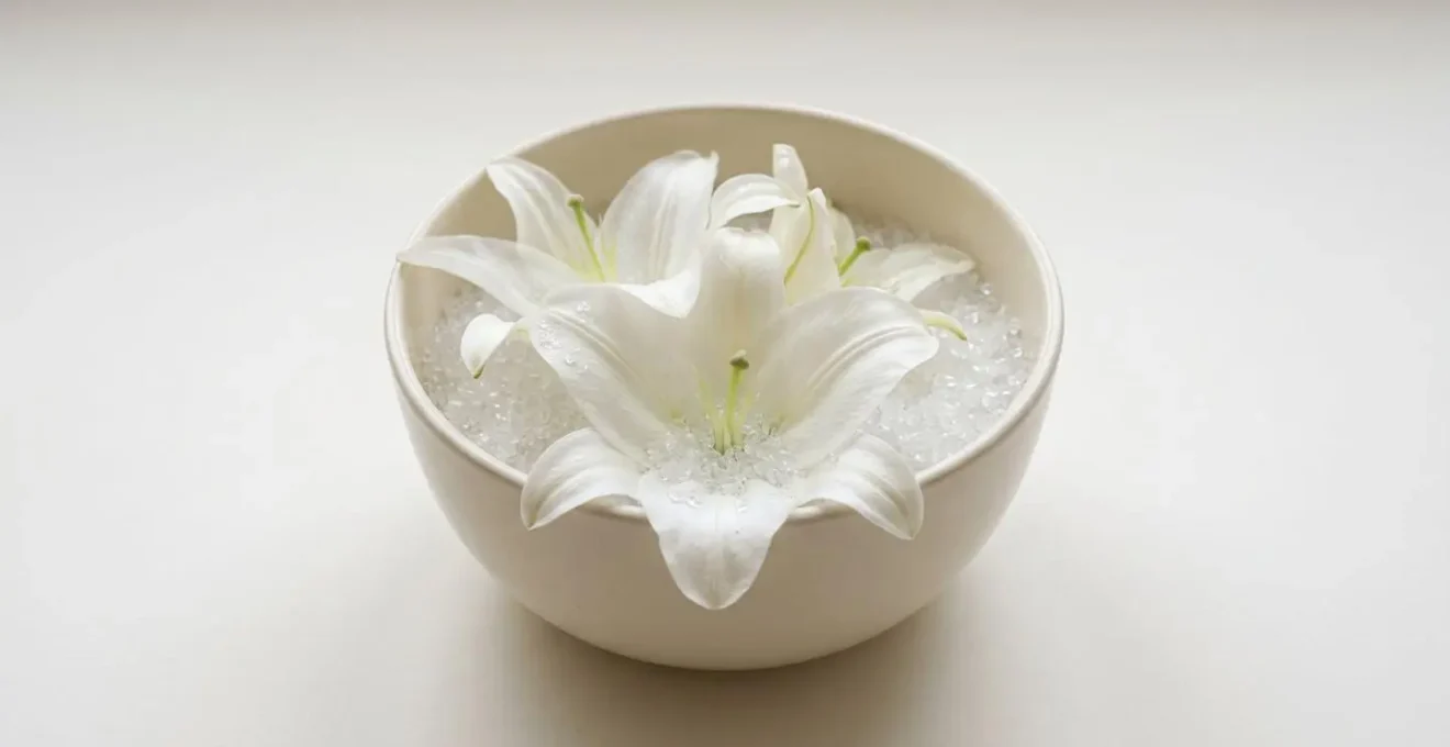 White lily blooms partially buried in fine silica gel crystals in clean minimalist setting showing preservation technique