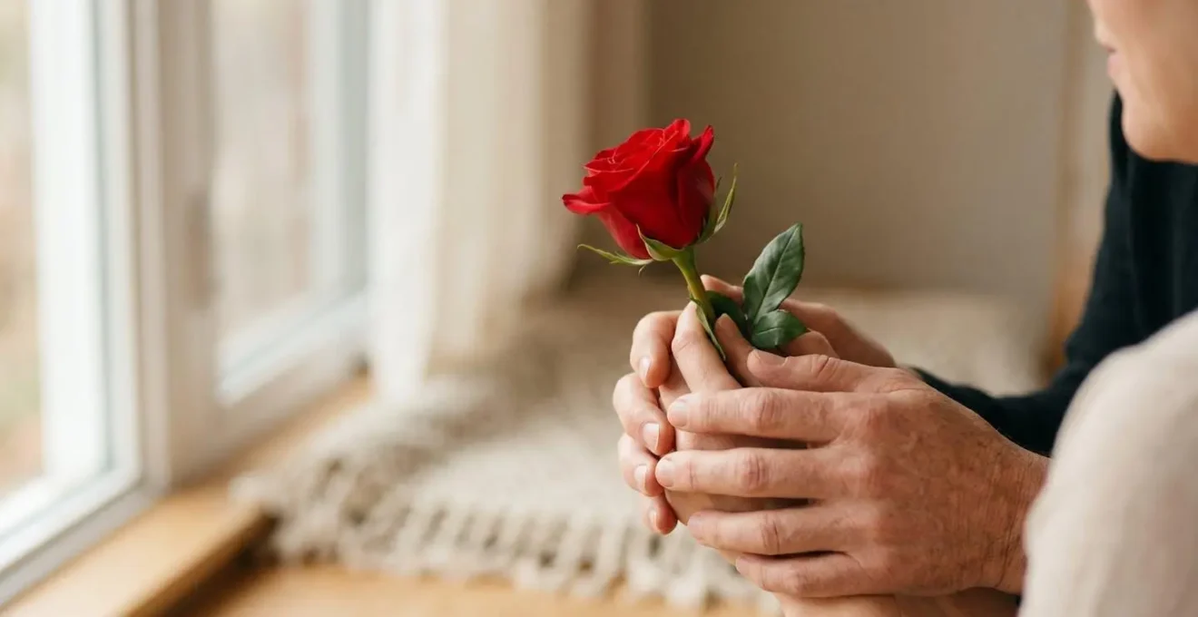 A single short-stem rose held delicately in hand against soft window light