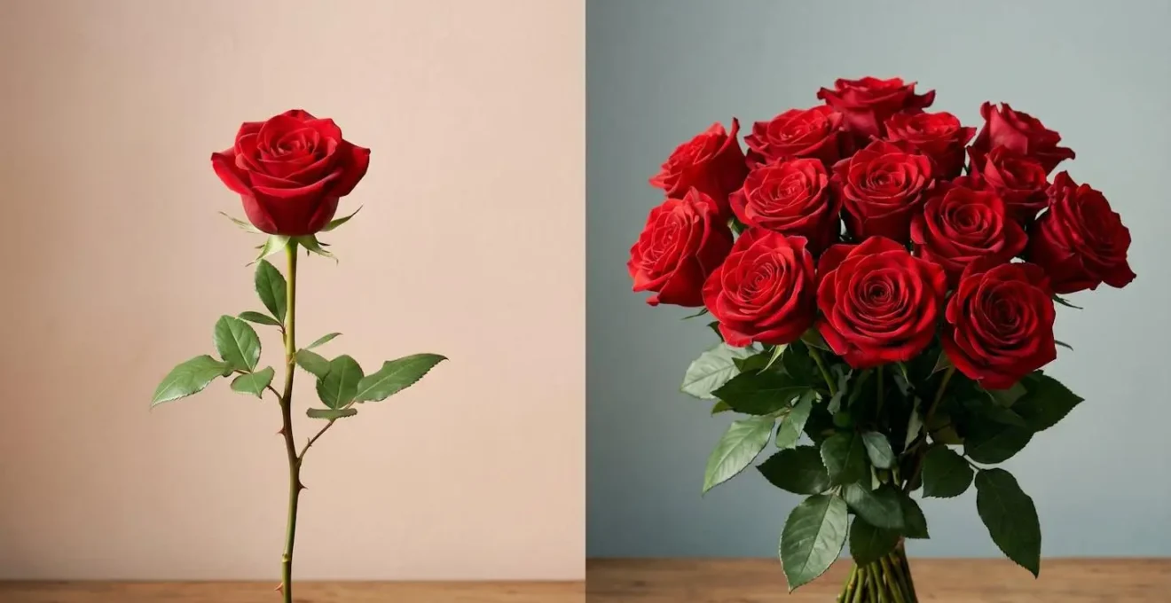 Split composition showing a single perfect rose on one side and a full dozen bouquet on the other with dramatic lighting