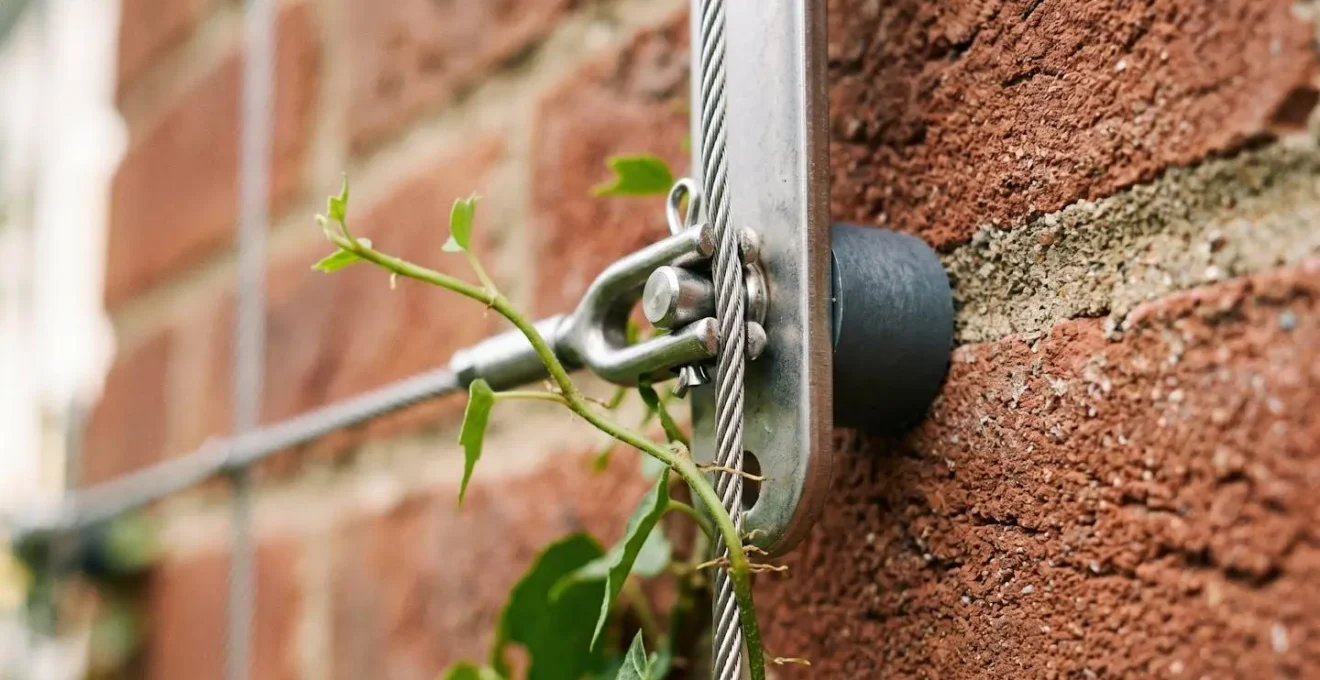 Close-up detail of a stainless steel wire trellis system mounted with spacers creating air gap between ivy vines and brick wall